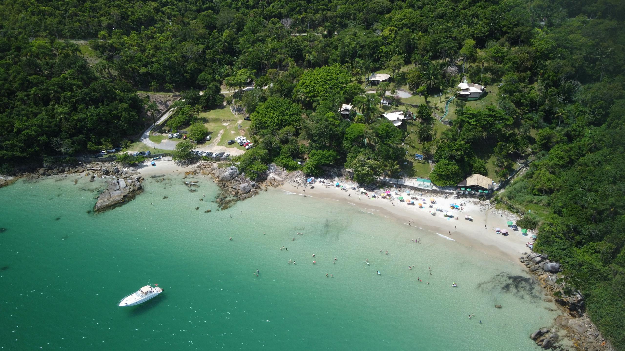 Stunning aerial view of Porto Belo's turquoise waters and lush landscape.