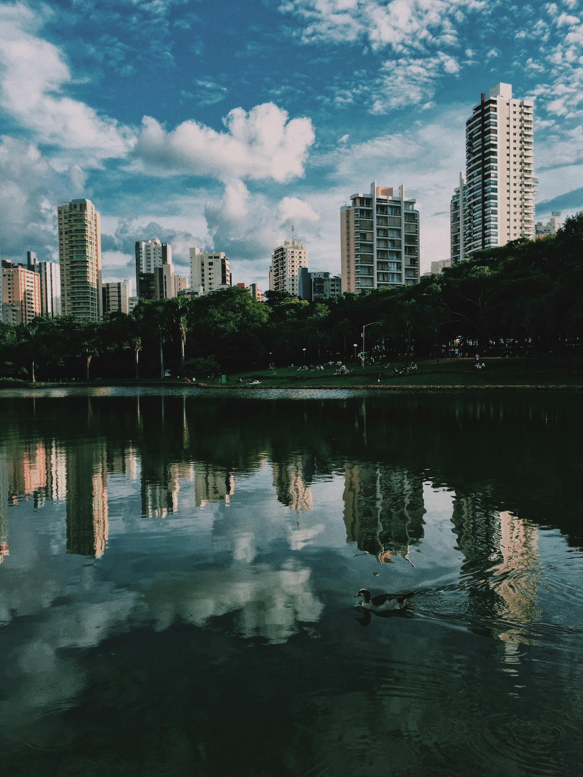High-rise buildings reflected in a calm river at Setor Bueno, Brazil.