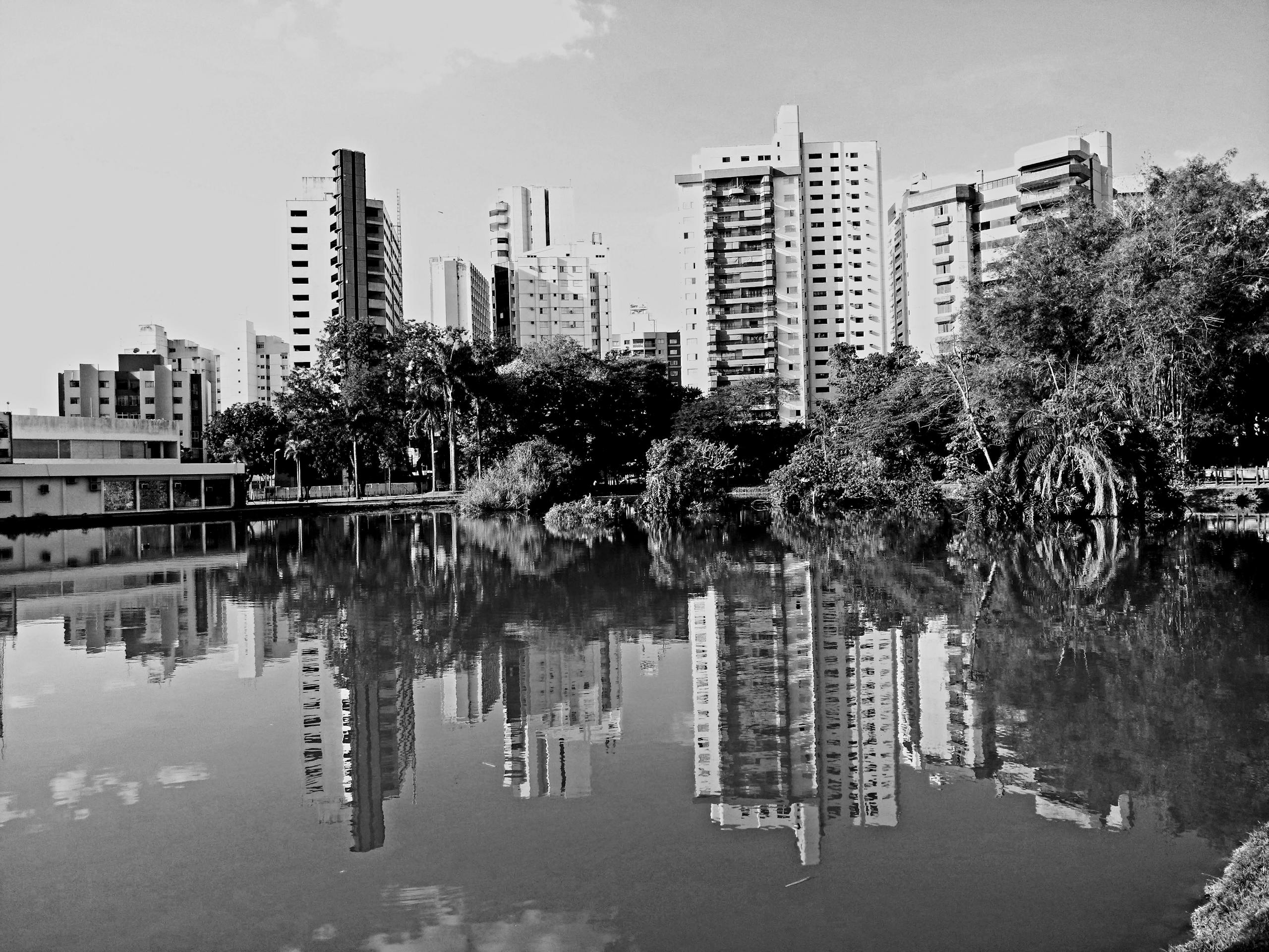 Monochrome cityscape of Goiânia, Brazil with skyline reflection in the water.